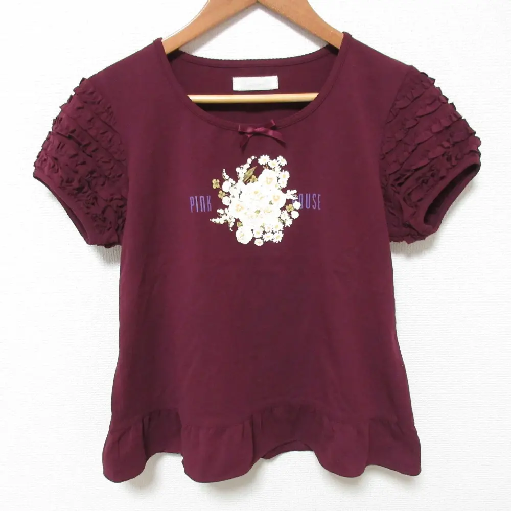 PINK HOUSE ピンクハウス ティアードフリルスリーブ フラワープリント Tシャツ カットソー サイズM パープル