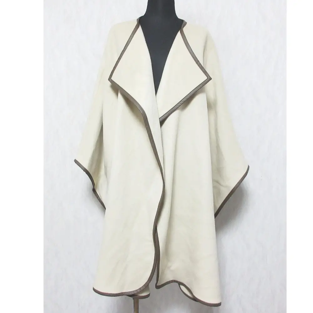 Plage プラージュ ウール100％ フェイクレザーパイピング ロング丈 ガウンコート ポンチョコート F ベージュ