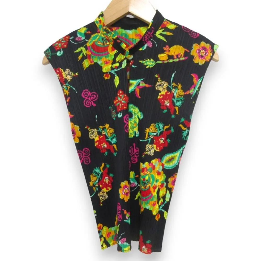 PLEATS PLEASE プリーツプリーズ イッセイミヤケ ヴィンテージ 90s チャイナ柄 ノースリーブ プリーツカットソー 3 ブラック