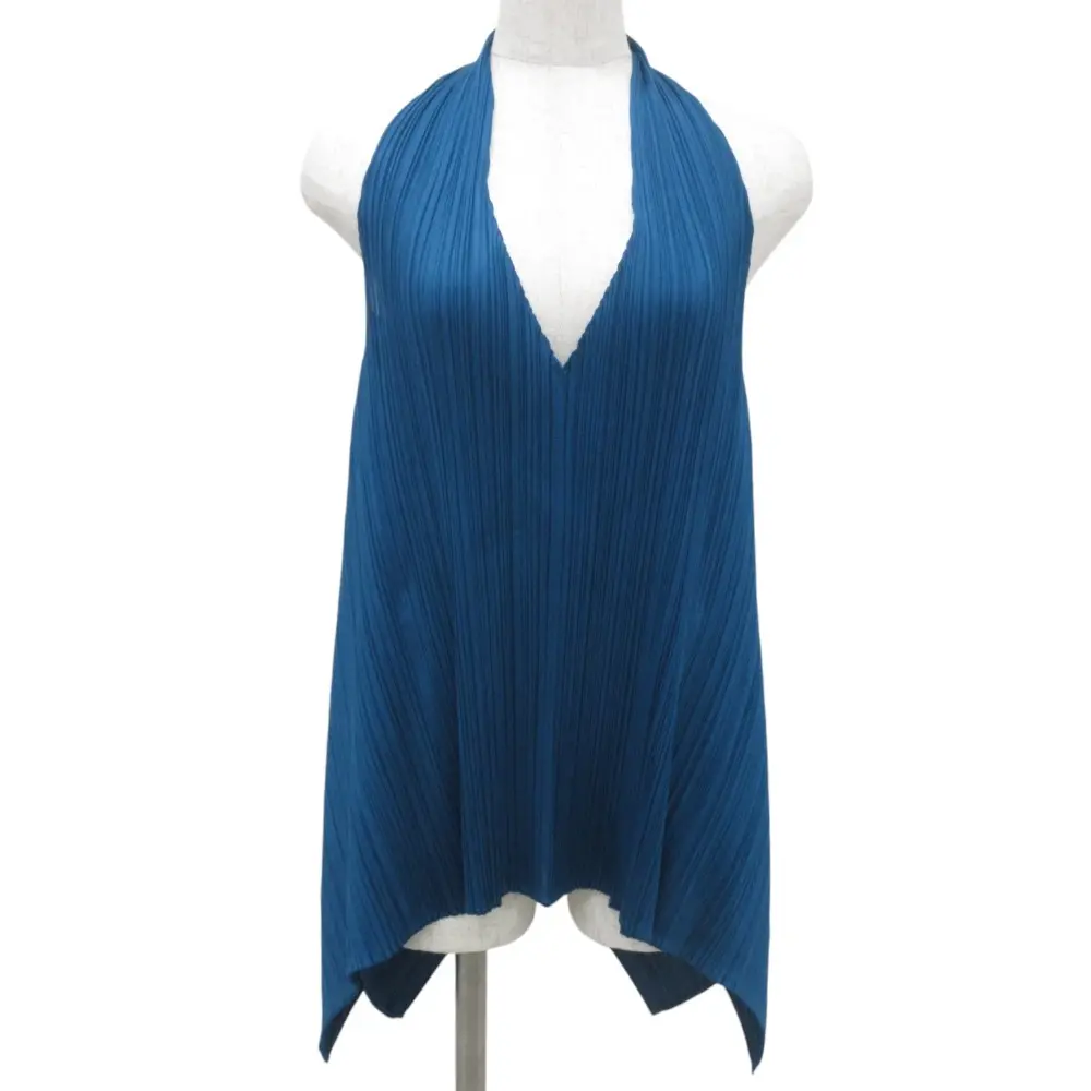 クリーニング済み 20AW PLEATS PLEASE プリーツプリーズ イッセイミヤケ 変形 ホルターネック ブラウス PP03-JK612 サイズ3 ブルー