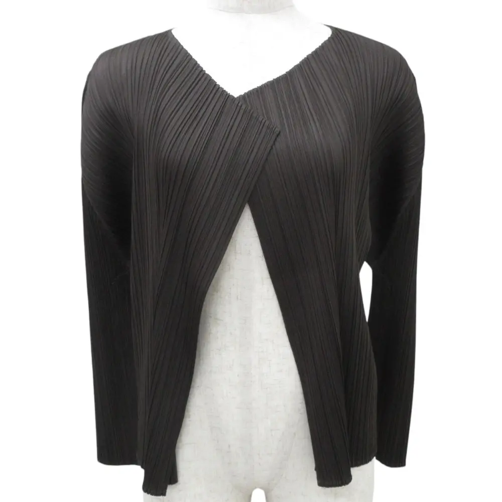 クリーニング済み PLEATS PLEASE プリーツプリーズ イッセイミヤケ オープンフロント カーディガン PP83-JO122 サイズ3 ブラウン