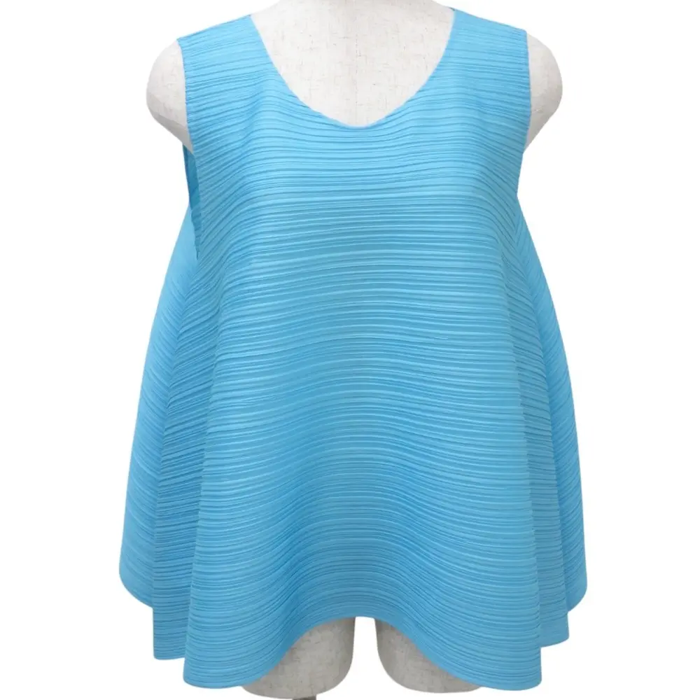 クリーニング済み PLEATS PLEASE プリーツプリーズ イッセイミヤケ バウンス 横プリーツ ノースリーブ カットソー サイズ3 ブルー