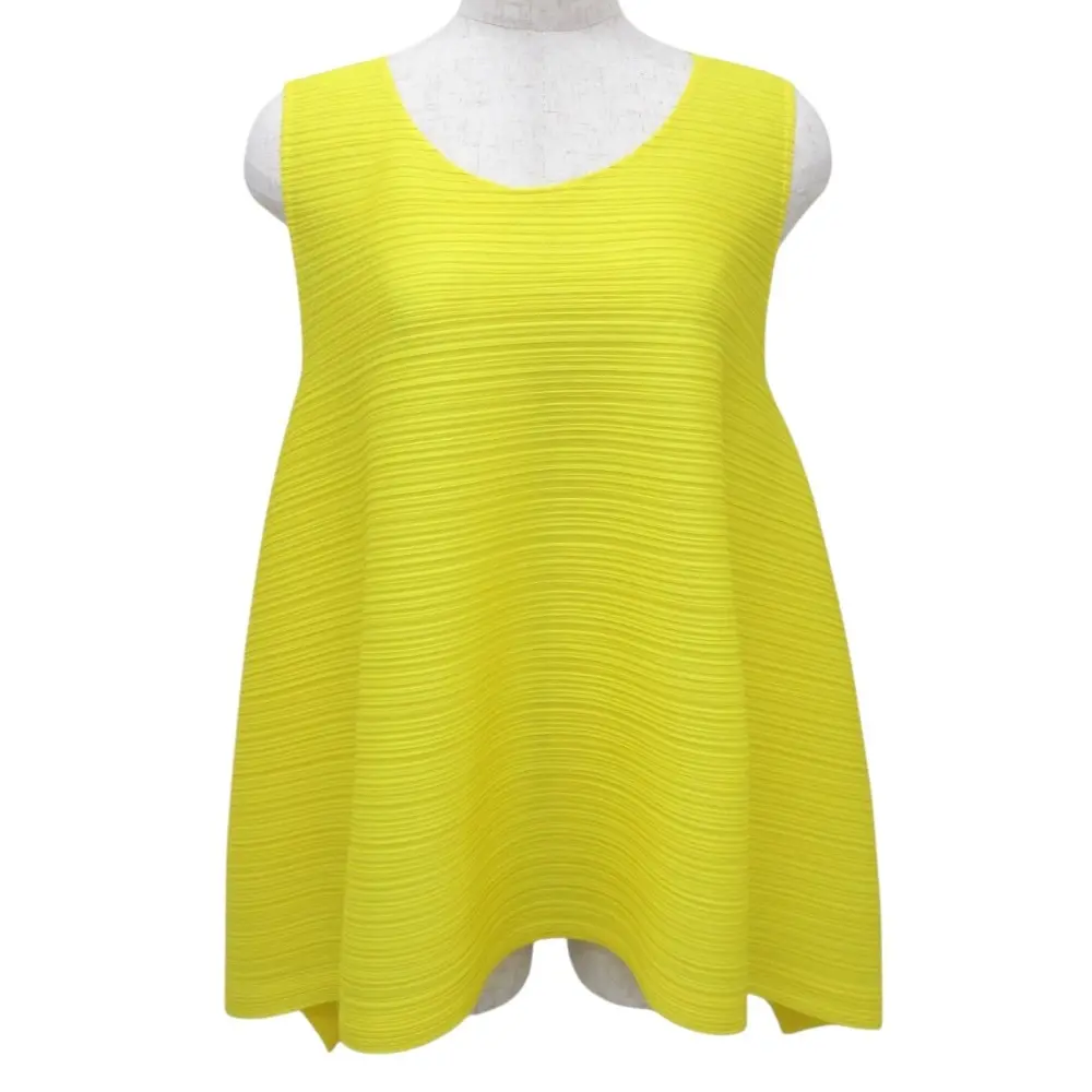 クリーニング済み PLEATS PLEASE プリーツプリーズ イッセイミヤケ バウンス 横プリーツ ノースリーブ カットソー サイズ3 イエロー