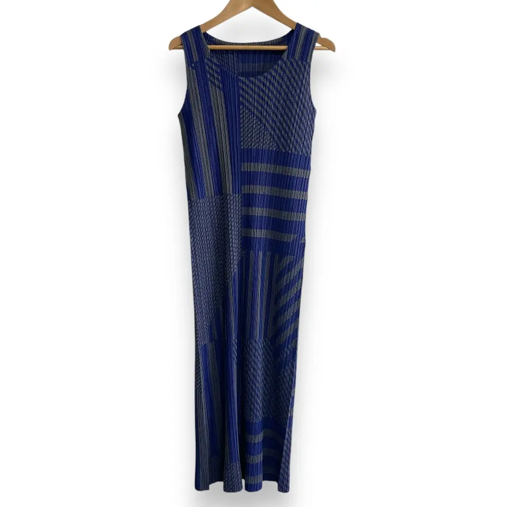 PLEATS PLEASE プリーツプリーズ イッセイミヤケ マルチストライプ柄 マキシ丈 ノースリーブワンピース PP43-JH644 2 ブルー×グレー