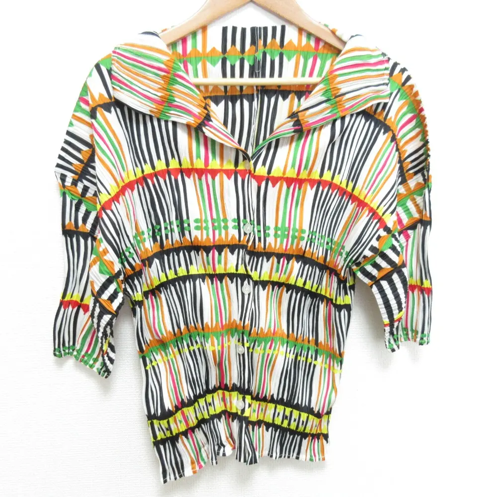 PLEATS PLEASE プリーツプリーズ イッセイミヤケ 総柄 ストライプ ショートスリーブ プリーツシャツ ブラウス サイズ3 マルチカラー