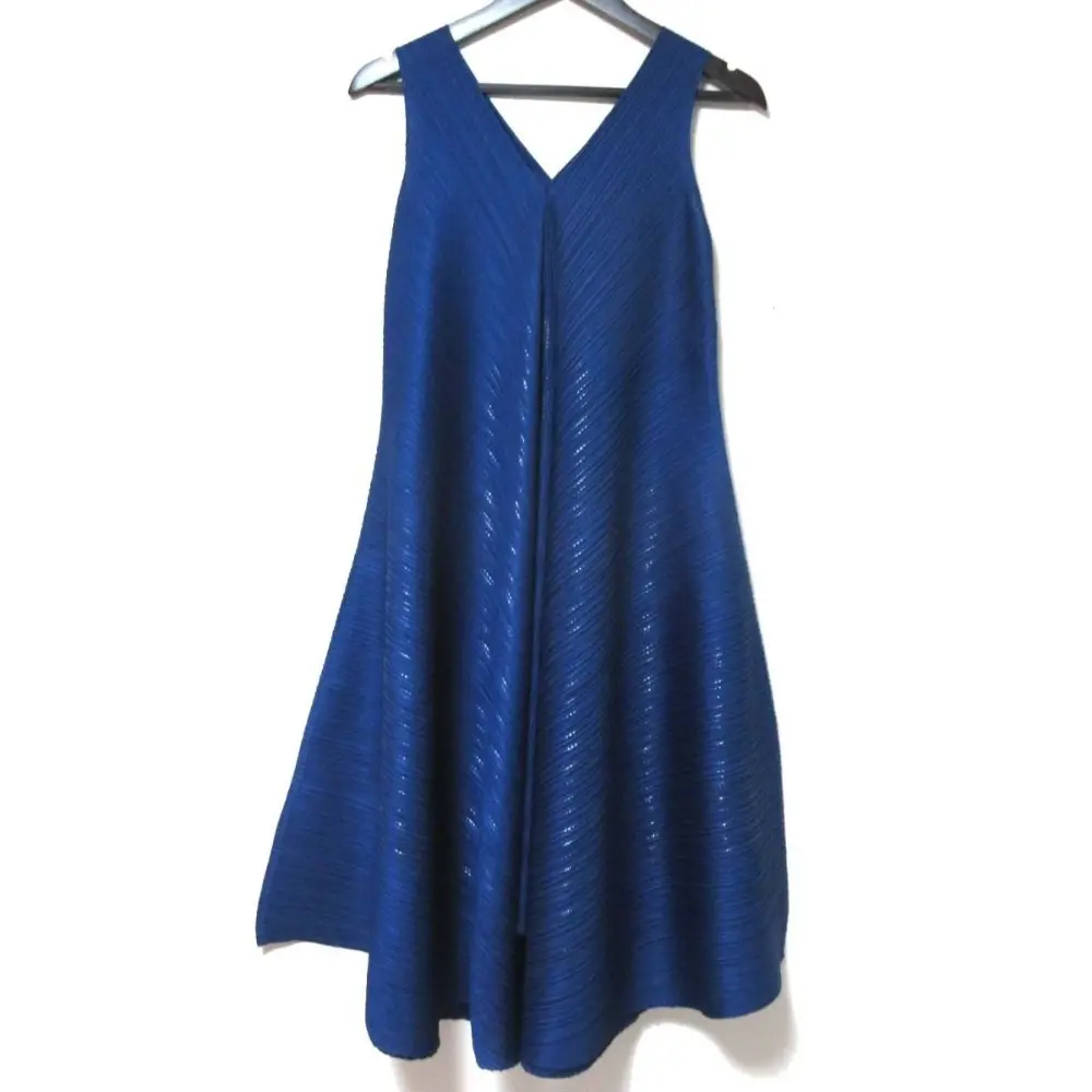 PLEATS PLEASE プリーツプリーズ イッセイミヤケ 両Vネック ノースリーブ ひざ丈 ボリューム ドレス ワンピース 2サイズ ブルー