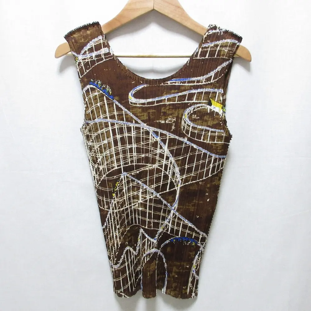 ISSEY MIYAKE PLEATS PLEASE イッセイミヤケ プリーツプリーズ ジェットコースター柄 ノースリーブカットソー 3 ブラウン