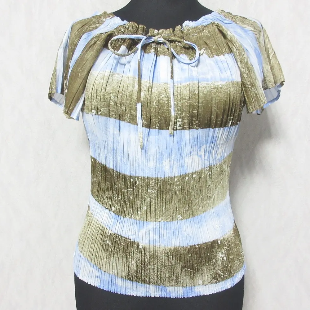 PLEATS PLEASE プリーツプリーズ イッセイミヤケ ボーダー 配色 切替 半袖 ブラウス カットソー PP31-JK932 3 ブラウン×ライトブルー