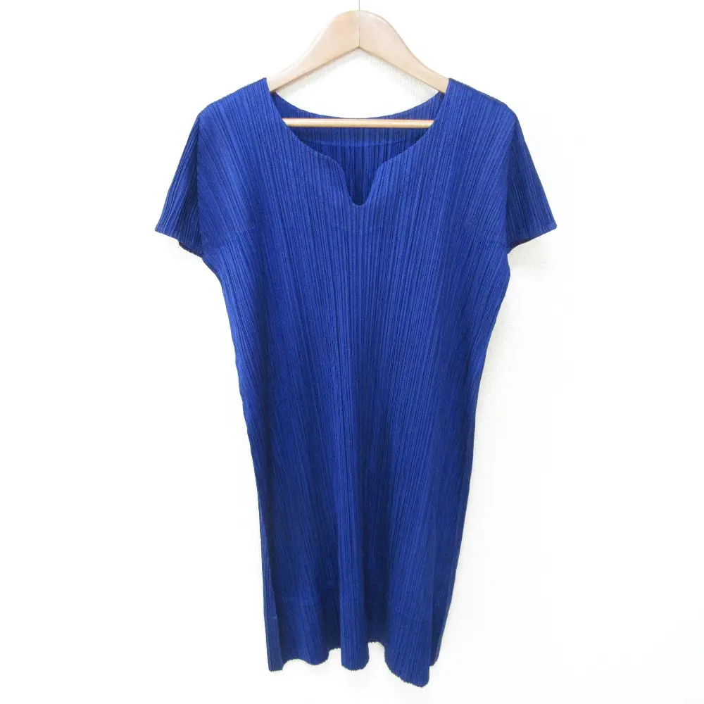 PLEATS PLEASE ISSEY MIYAKE プリーツプリーズ イッセイミヤケ 半袖 キーネック チュニック ワンピース PP91-JK528 3 ブルー