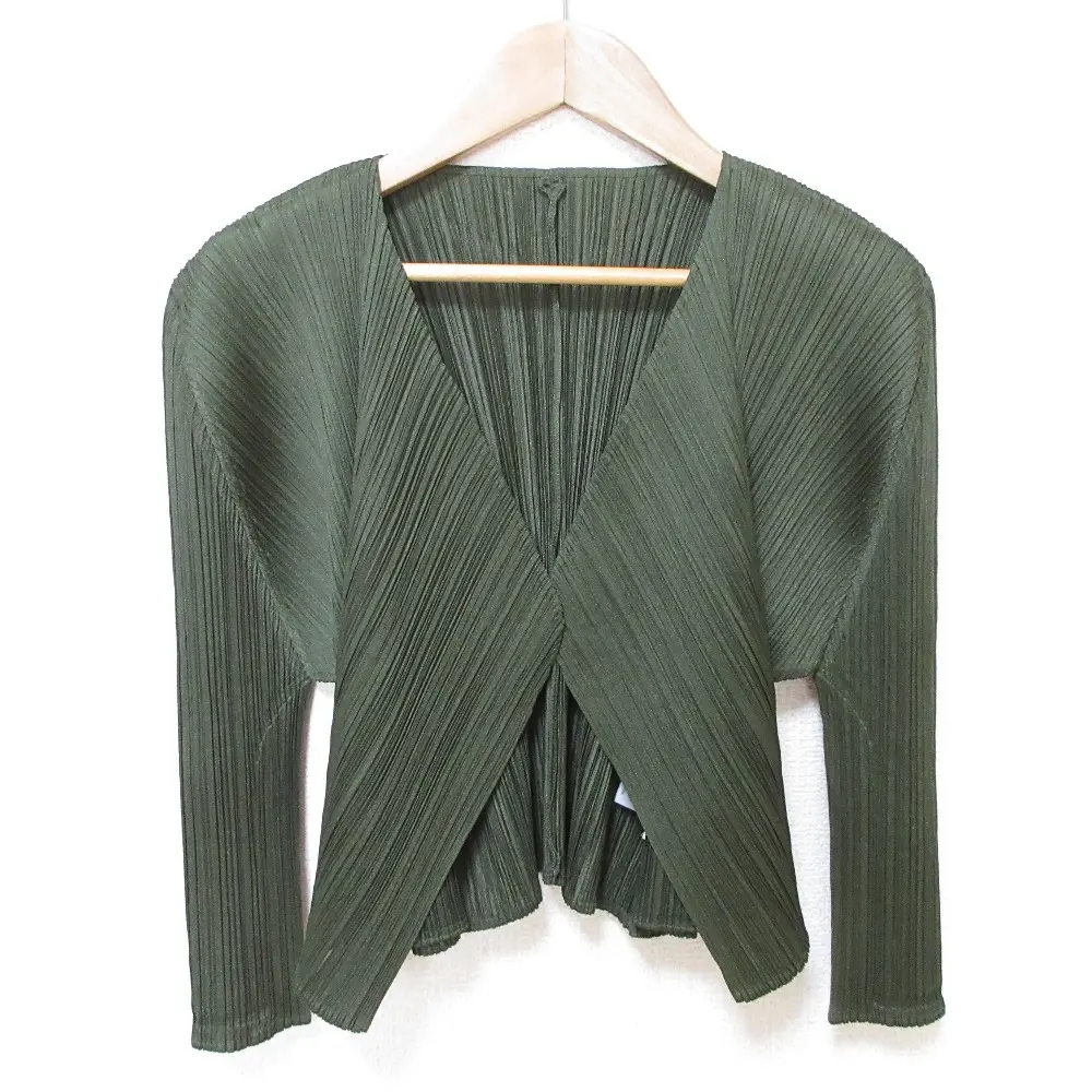 PLEATS PLEASE プリーツプリーズ イッセイミヤケ ボタンレス ショート丈 カーディガン PP81-JO727 3 グリーン カーキ