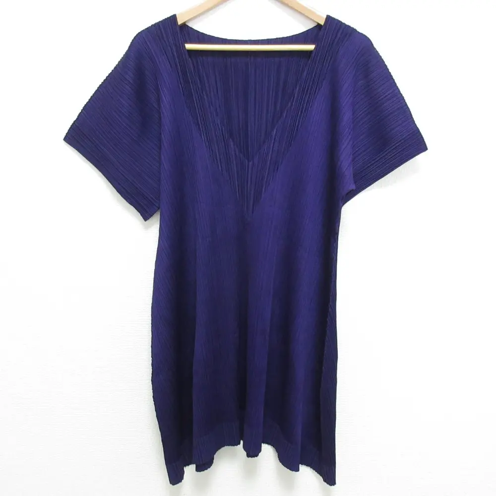 PLEATS PLEASE ISSEY MIYAKE プリーツプリーズ イッセイミヤケ Vネック 半袖 チュニック カットソー PP83-JK182 サイズ3 パープル