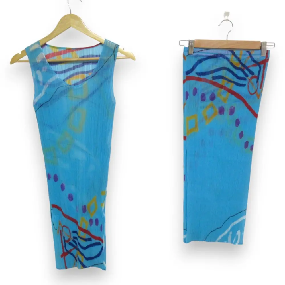 PLEATS PLEASE プリーツプリーズ イッセイミヤケ プリント メッシュプリーツ カットソー+スカート 2点セット F/4 ブルー