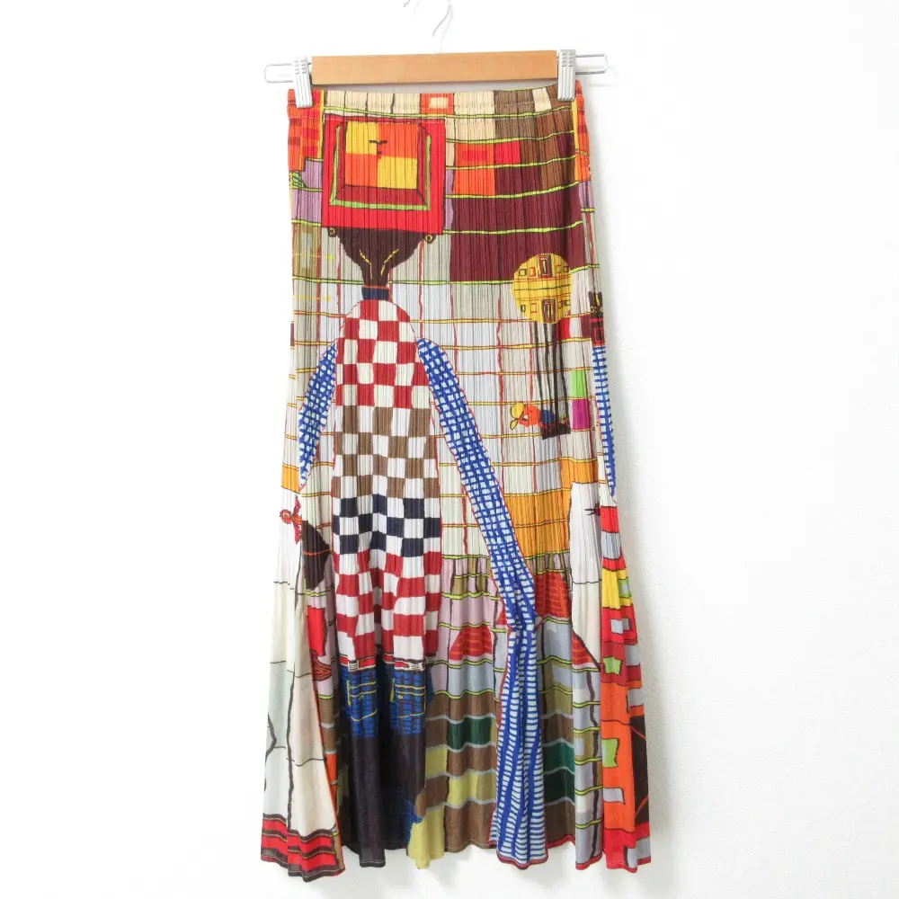 プリーツプリーズ イッセイミヤケ 人物柄 総柄 プリーツ イージーウエスト フレア ロングスカート PP14-JG145 3 マルチカラー