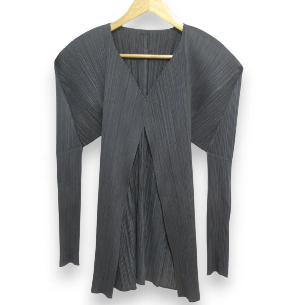 PLEATS PLEASE ISSEY MIYAKE プリーツプリーズ イッセイミヤケ オープンフロント ノーカラーカーディガン PP05-JO001 サイズ3 グレー