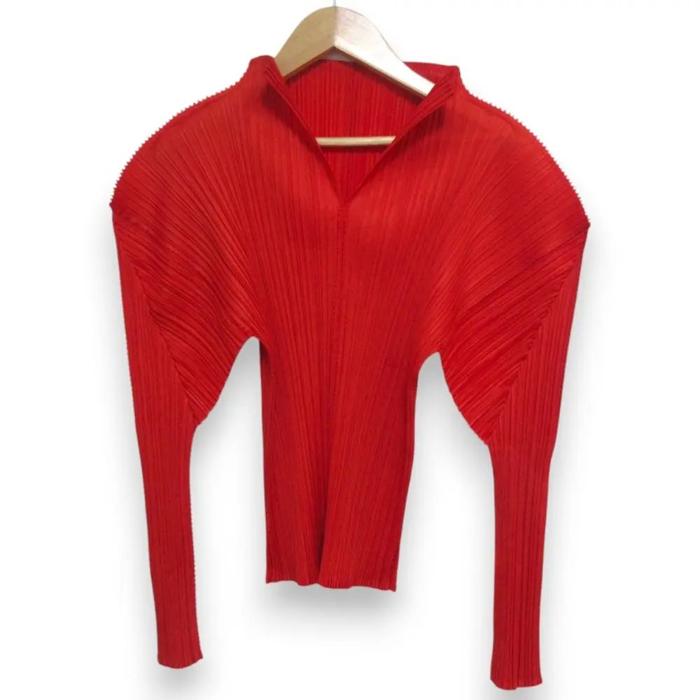 PLEATS PLEASE ISSEY MIYAKE プリーツプリーズ イッセイミヤケ キーネック 長袖 カットソー PP33-JK202 サイズ3 レッド