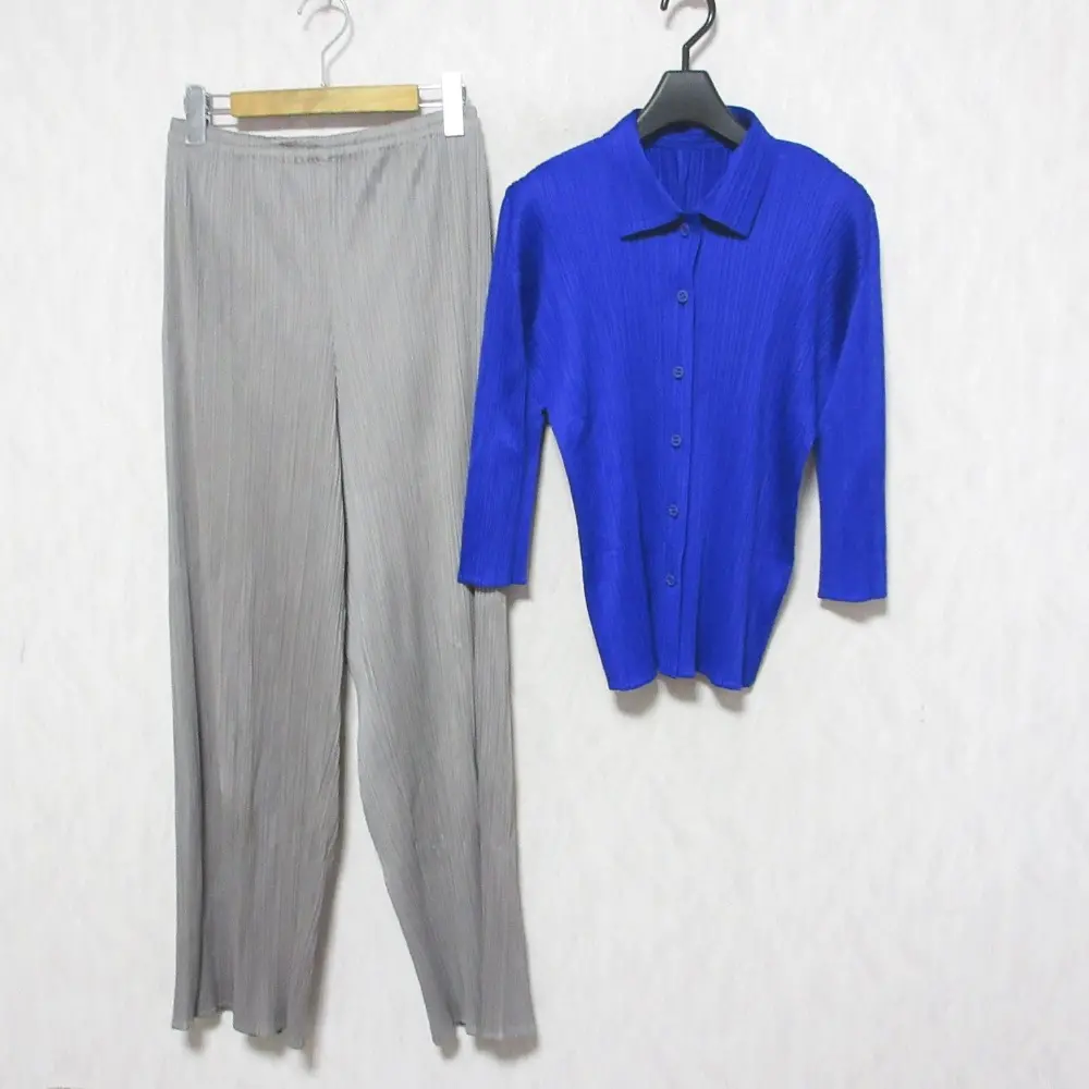 PLEATS PLEASE ISSEY MIYAKE プリーツプリーズ イッセイミヤケ 七分袖 ブラウス イージーパンツ 2点セット おまとめ ブルー グレー