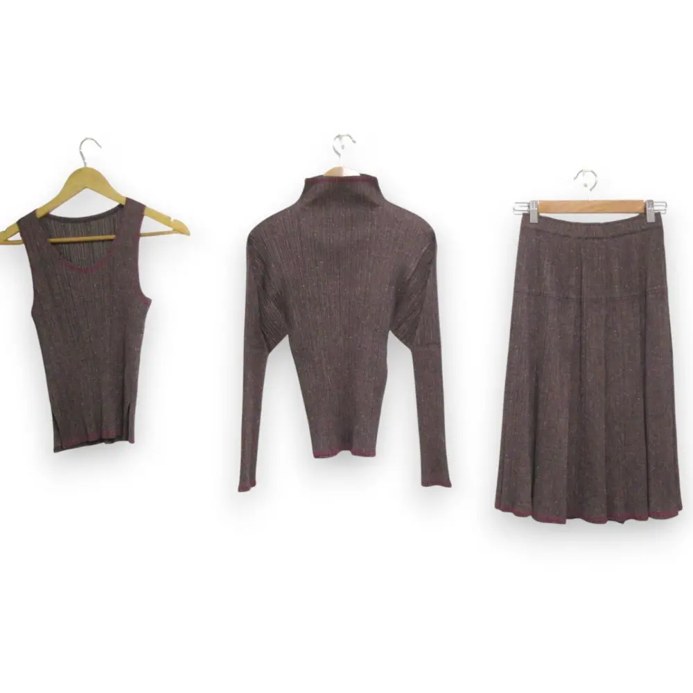 PLEATS PLEASE ISSEY MIYAKE プリーツプリーズ イッセイミヤケ 3点セット ツイード転写 スカート+トップス×2 サイズ3 ブラウン系
