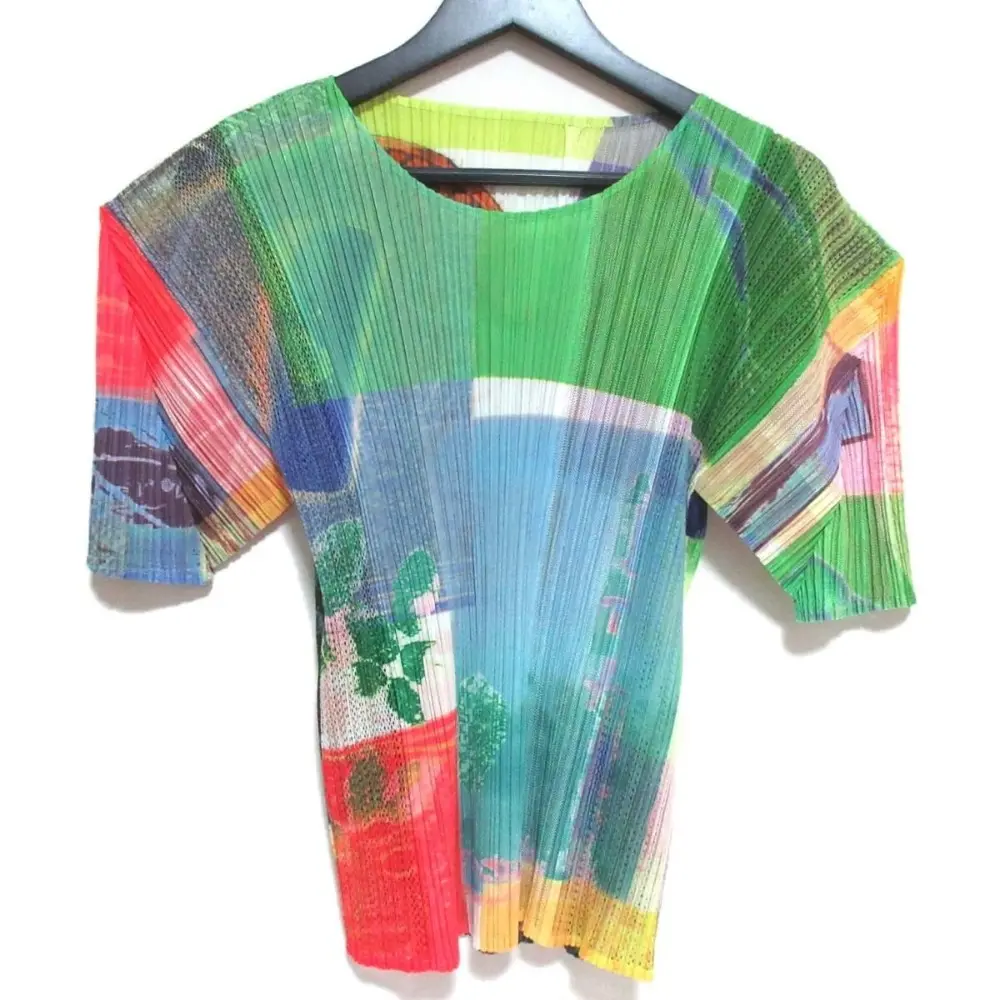 PLEATS PLEASE プリーツプリーズ イッセイミヤケ 総柄 メッシュ地切り替え ショートスリーブ カットソー 3サイズ マルチカラー