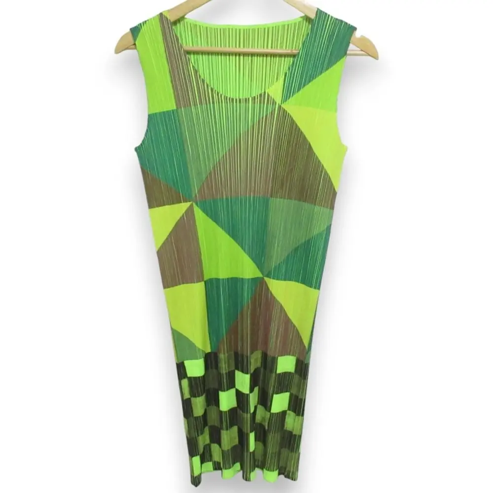 PLEATS PLEASE プリーツプリーズ イッセイミヤケ ヴィンテージ 90s 幾何学柄 ノースリーブ プリーツワンピース 3 グリーン系