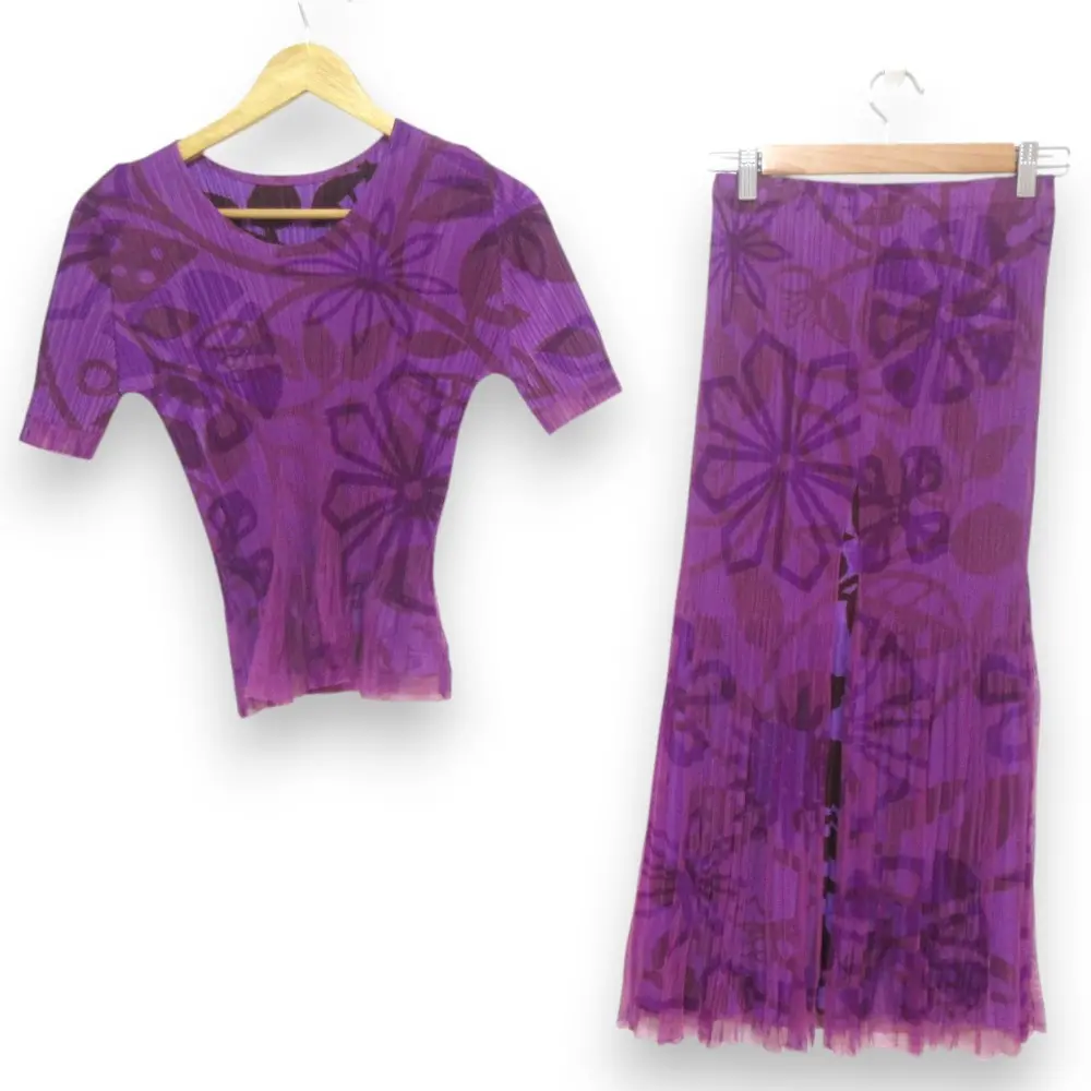 PLEATS PLEASE プリーツプリーズ イッセイミヤケ メッシュフラワープリント カットソー+イージースカート セットアップ パープル