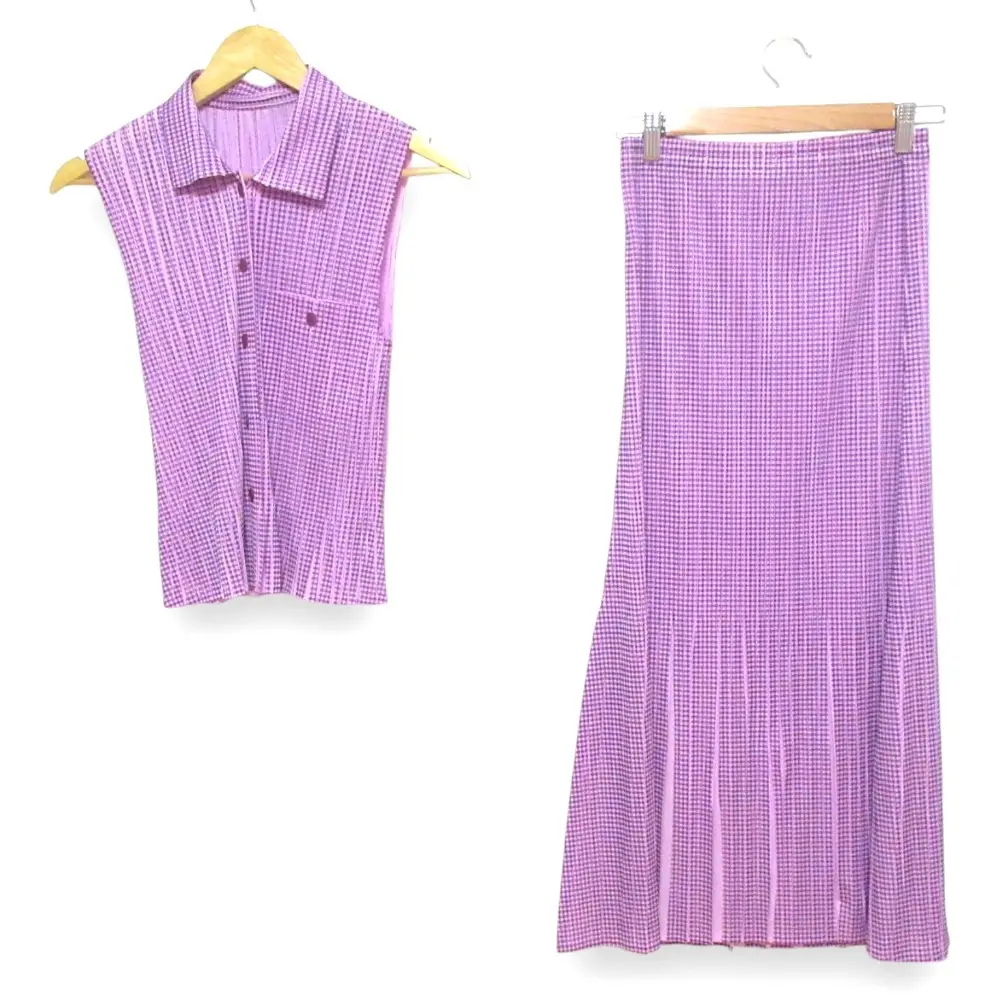 PLEATS PLEASE プリーツプリーズ イッセイミヤケ チェック柄 ノースリーブシャツ+ロングスカート セットアップ 4 パープル