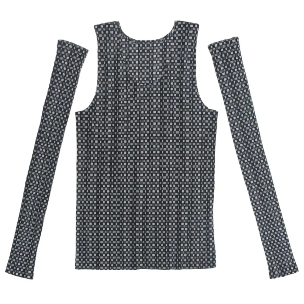 PLEATS PLEASE プリーツプリーズ イッセイミヤケ チェック柄 アームカバー付 タンクトップ PP03-FK361 サイズ3 グレー