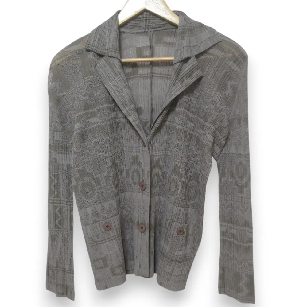 PLEATS PLEASE ISSEY MIYAKE プリーツプリーズ イッセイミヤケ ジオメトリックメッシュ 長袖シャツ PP61-JD673 サイズ3 グレー