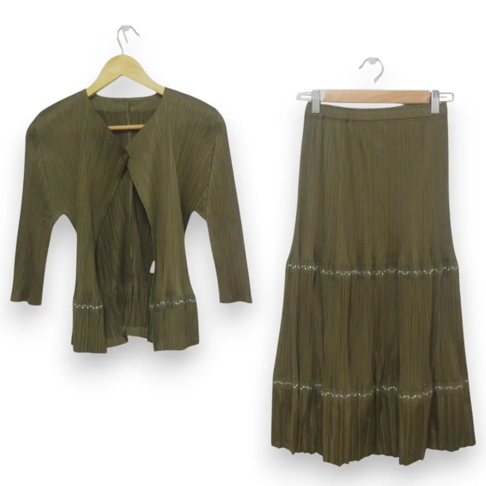 PLEATS PLEASE プリーツプリーズ イッセイミヤケ フリルカーディガン+ロングスカート セットアップ サイズ3 ブラウンカーキ