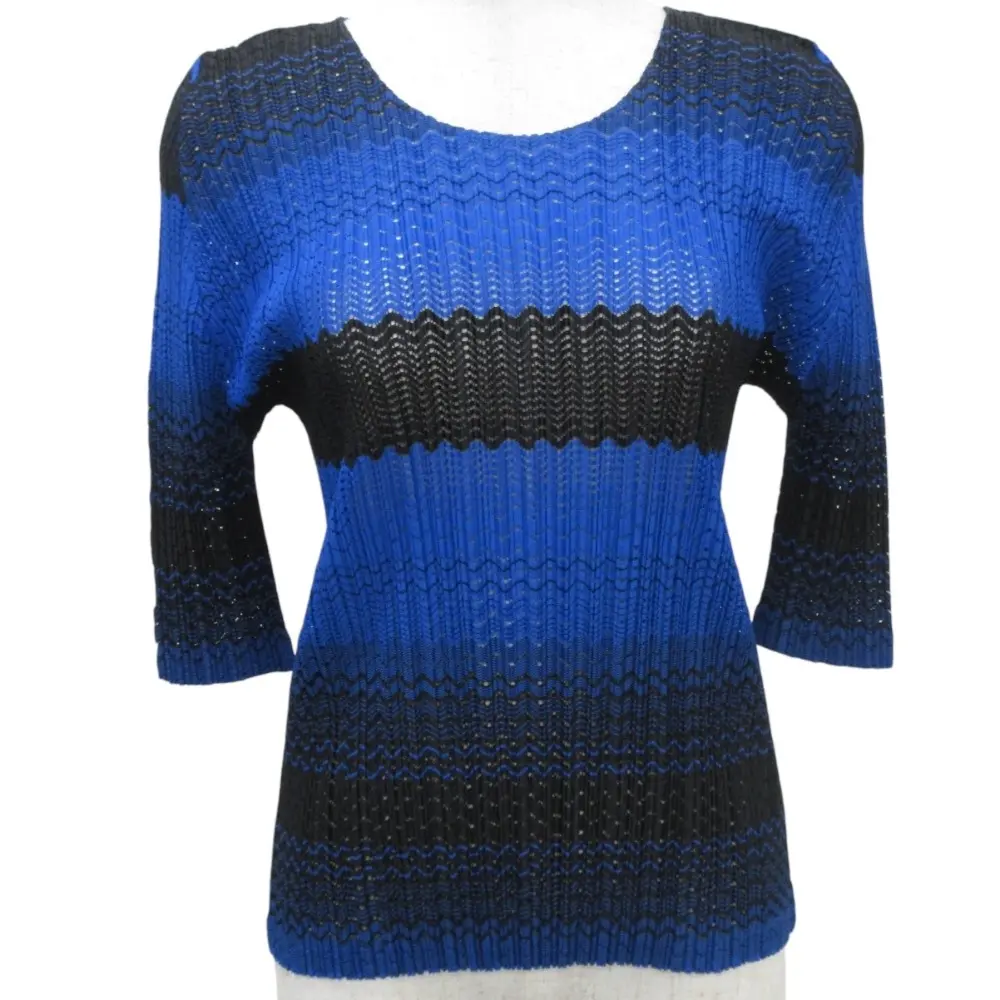 PLEATS PLEASE プリーツプリーズ イッセイミヤケ ボーダー メッシュカットソー PP73-JK501 サイズ3 ブルー ブラック