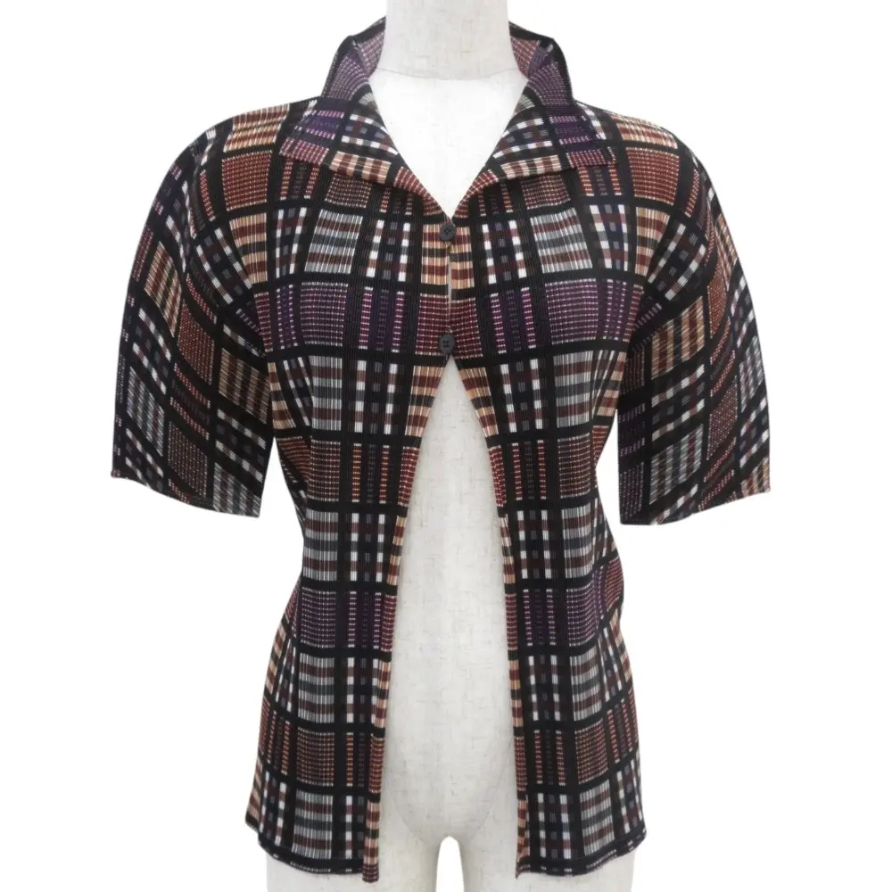 PLEATS PLEASE プリーツプリーズ イッセイミヤケ チェックプリント ハーフスリーブカーディガン PP23-FO334 3 ブラック パープル