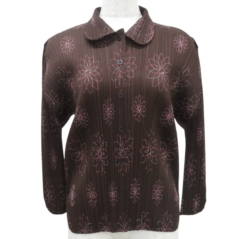 PLEATS PLEASE プリーツプリーズ イッセイミヤケ フラワー刺繍 ラウンドカラーシャツ ブラウス PP51-JJ887 サイズ3 ブラウン