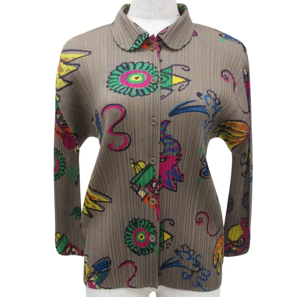 PLEATS PLEASE プリーツプリーズ イッセイミヤケ 総柄 プリント ラウンドカラーシャツ PP61-JJ842 サイズ3 ブラウン