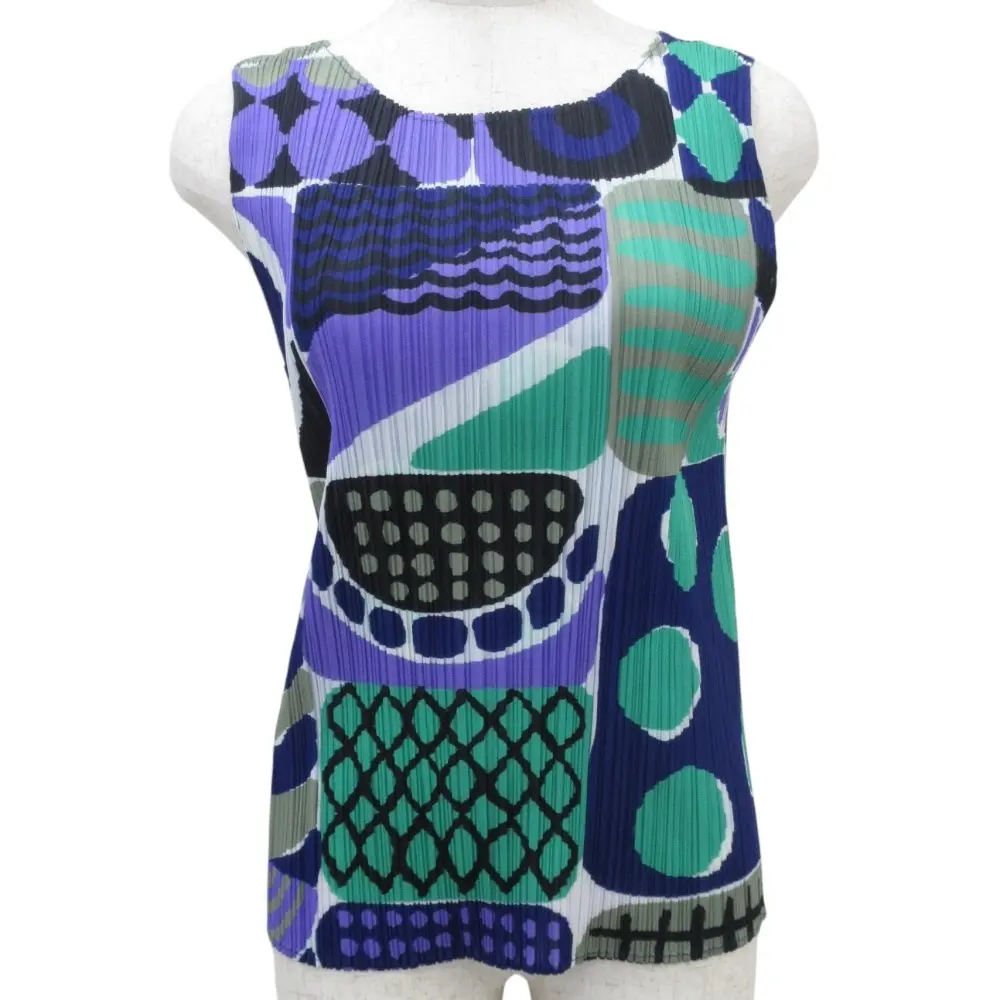 PLEATS PLEASE プリーツプリーズ イッセイミヤケ パッチワークプリント ノースリーブカットソー PP53-JK545 サイズ3 ネイビー