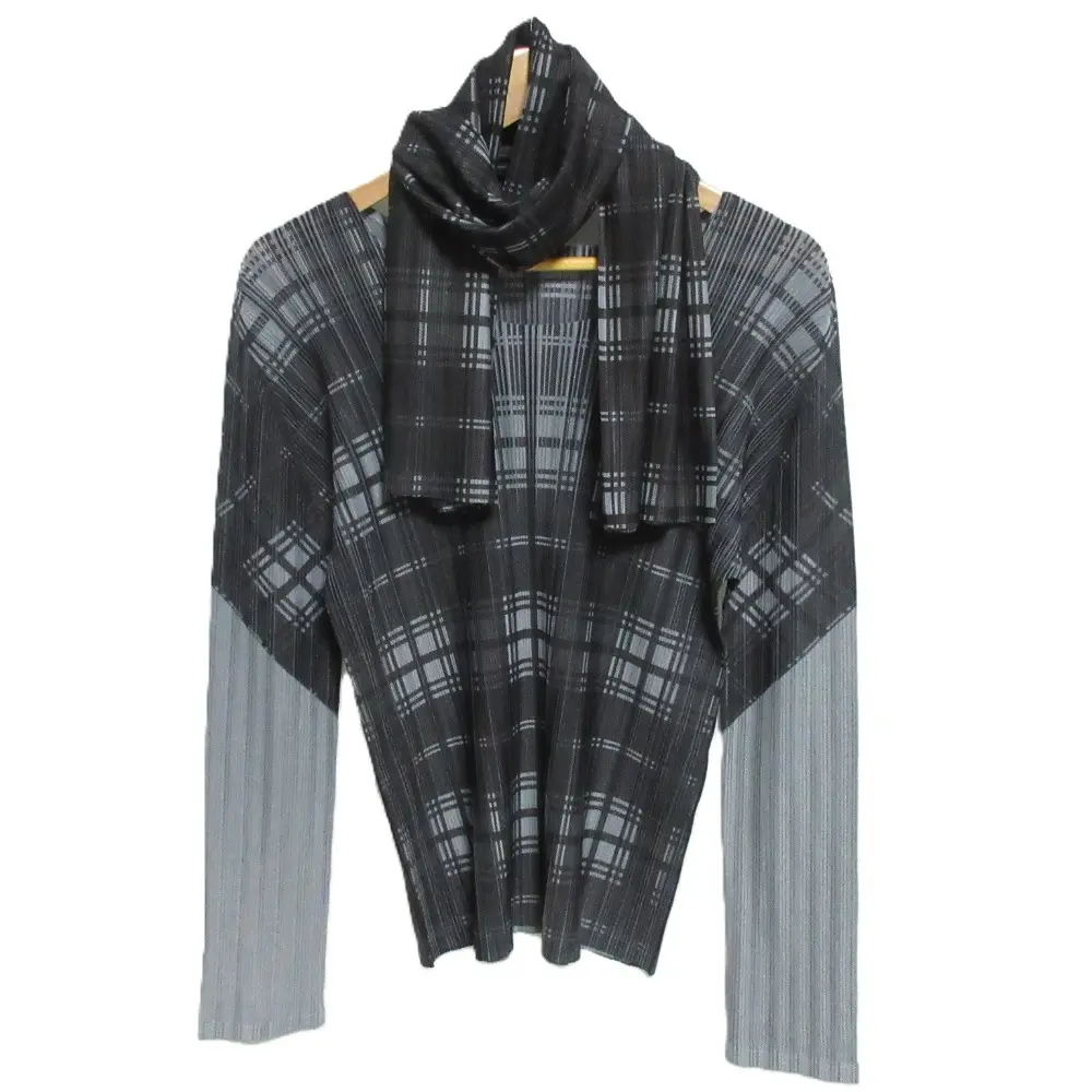 PLEATS PLEASE プリーツプリーズ イッセイミヤケ チェック柄 ストール付 ロングスリーブ プリーツカットソー グレー×ブラック