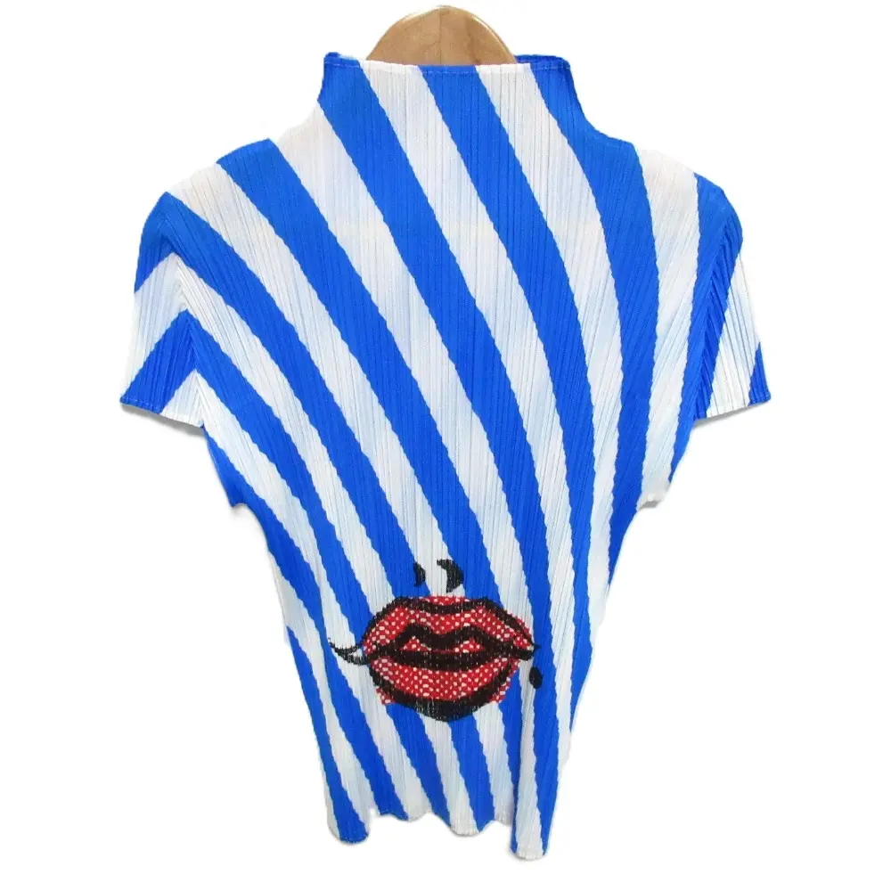 PLEATS PLEASE プリーツプリーズ イッセイミヤケ ストライプ×リッププリント カットソー PP71-JK692 3 ブルー×ホワイト