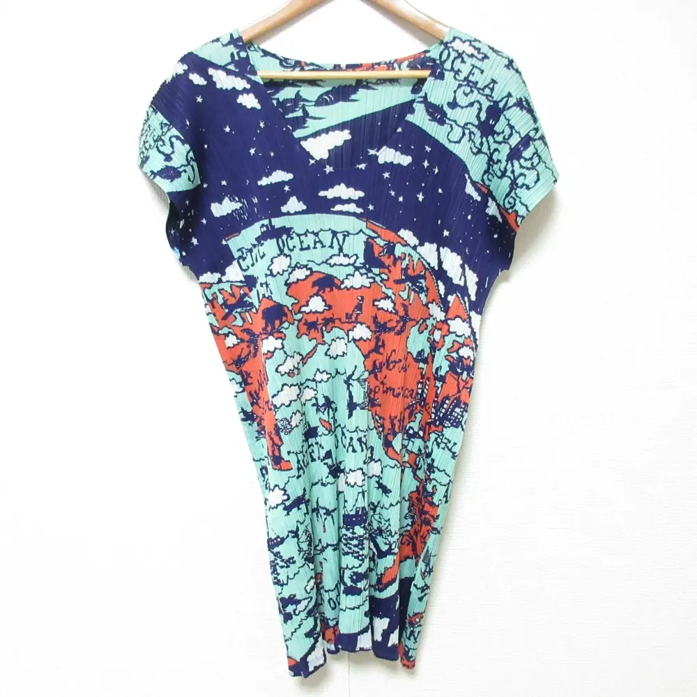 PLEATS PLEASE プリーツプリーズ ワールドマップ チュニック カットソー ワンピース PP23-JT607 サイズ3 ブルー系