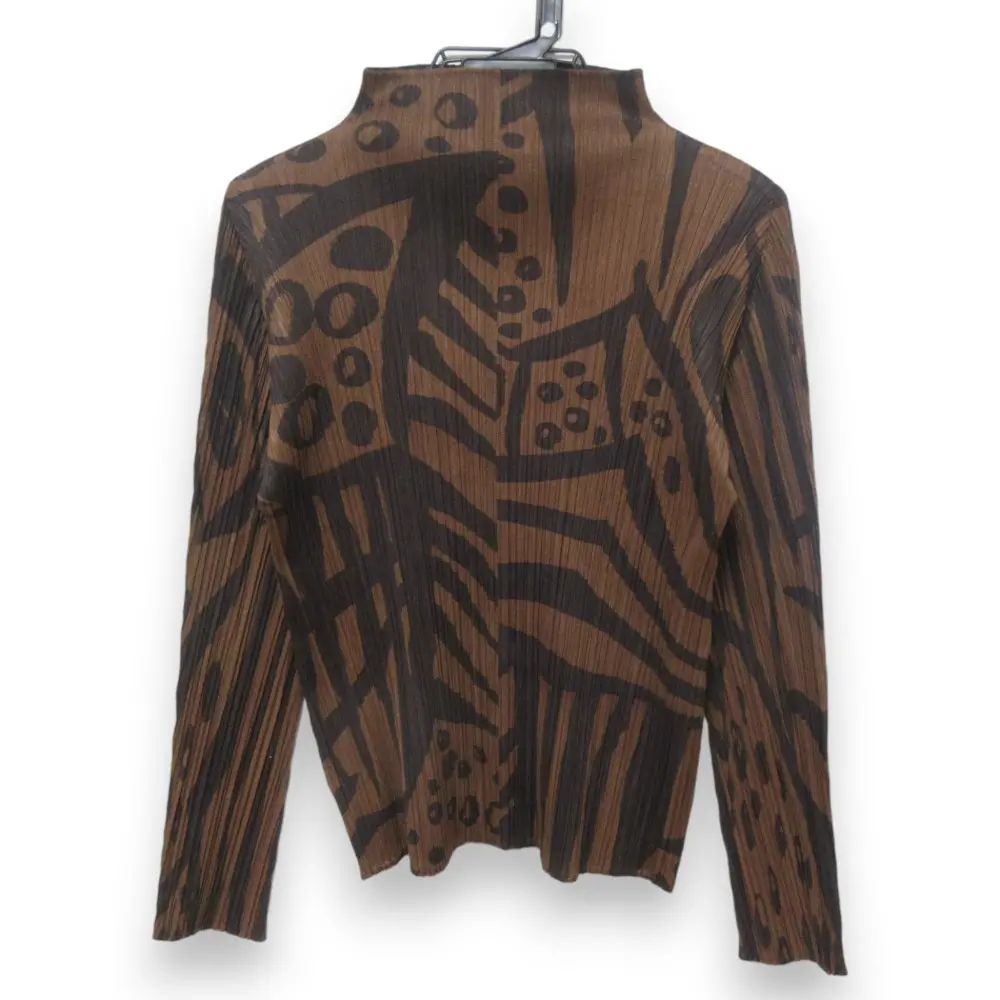PLEATS PLEASE プリーツプリーズ イッセイミヤケ 総柄 サバンナプリント ボトルネック 長袖 カットソー 4 ブラウン ブラック