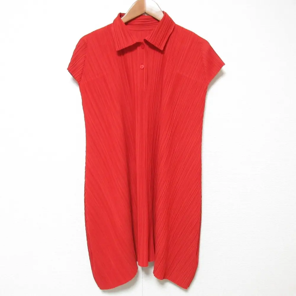 PLEATS PLEASE プリーツプリーズ イッセイミヤケ フレンチスリーブ シャツワンピース PP11-JT733 サイズ3 レッド