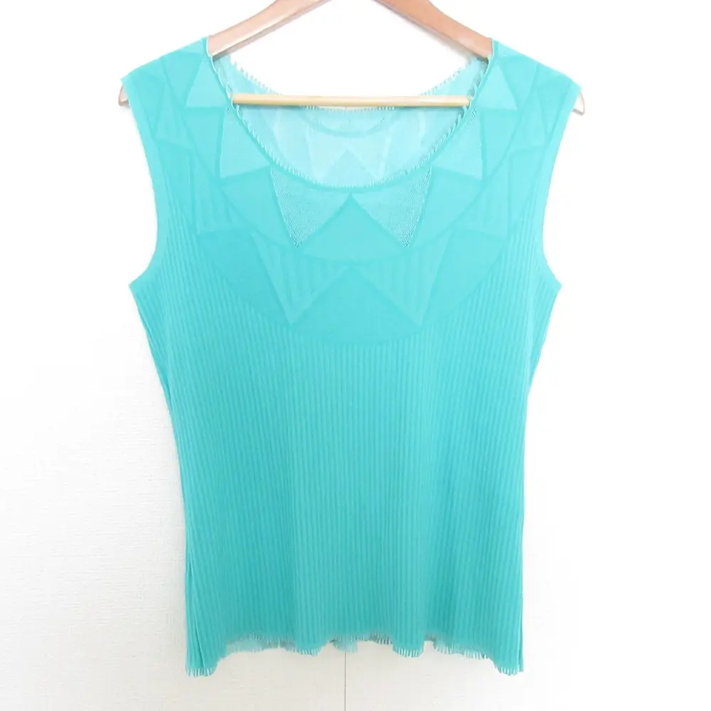 PLEATS PLEASE プリーツプリーズ イッセイミヤケ ノースリーブ カットワークネック カットソー サイズ3 エメラルドグリーン