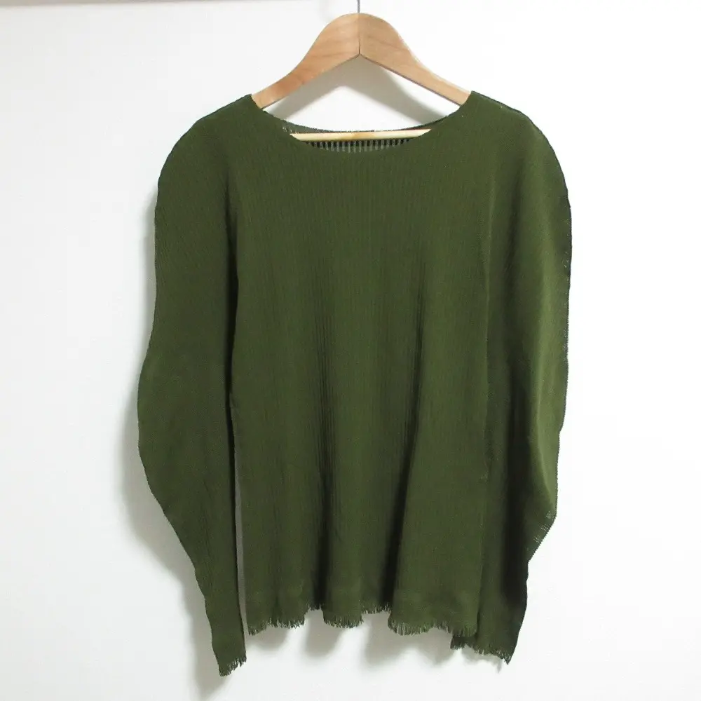 PLEATS PLEASE プリーツプリーズ イッセイミヤケ エポック 3Dスリーブ ボートネック フリンジカットソー グリーン