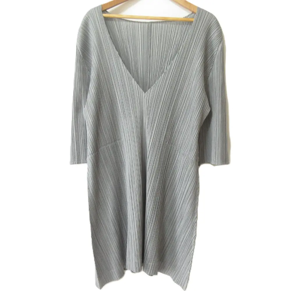 PLEATS PLEASE プリーツプリーズ イッセイミヤケ Vネック 七分袖 チュニック ワンピース PP03-JT463 サイズ3 グレー