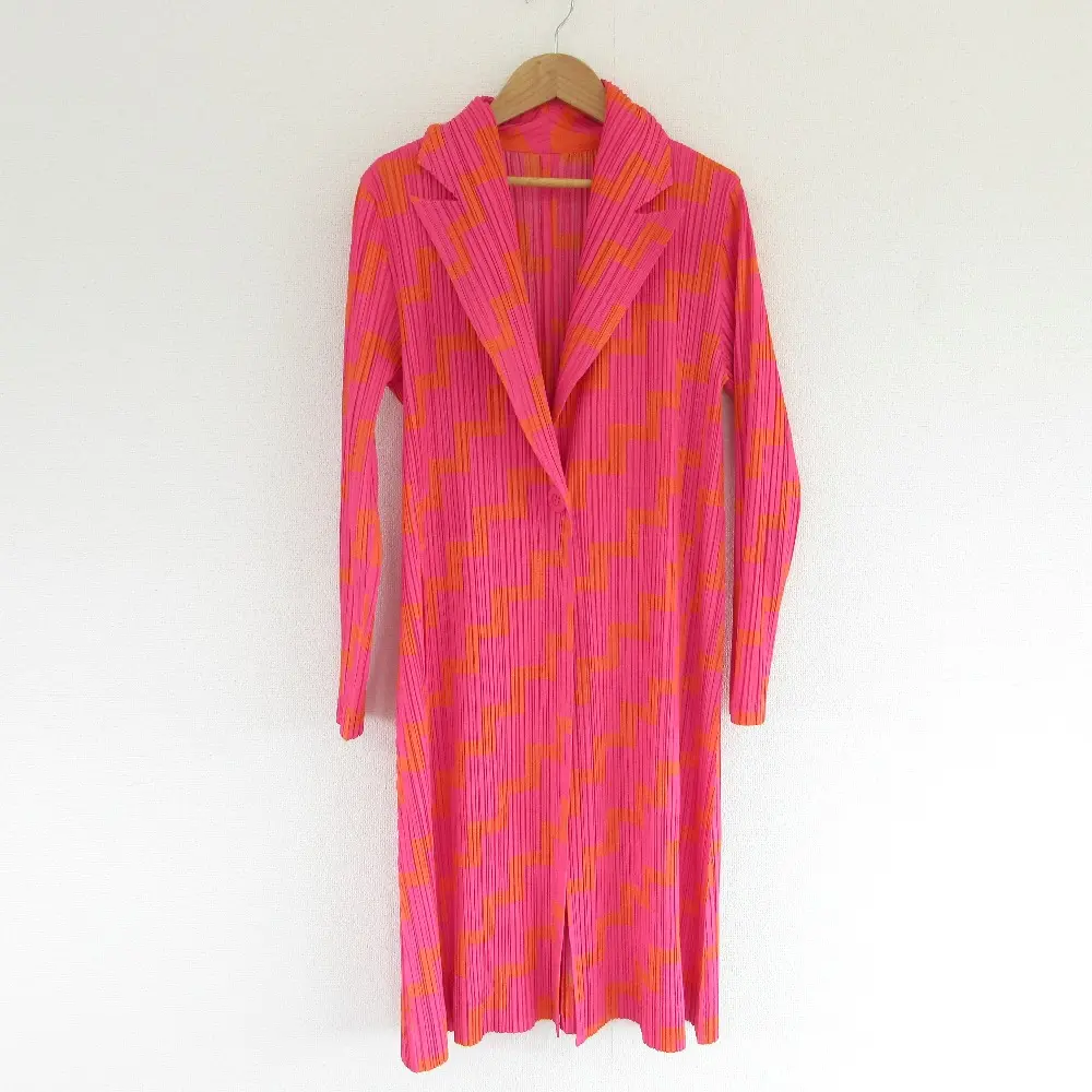 PLEATS PLEASE プリーツプリーズ イッセイミヤケ 幾何学模様 ロングカーディガン PP71-JA644 サイズ3 ピンク