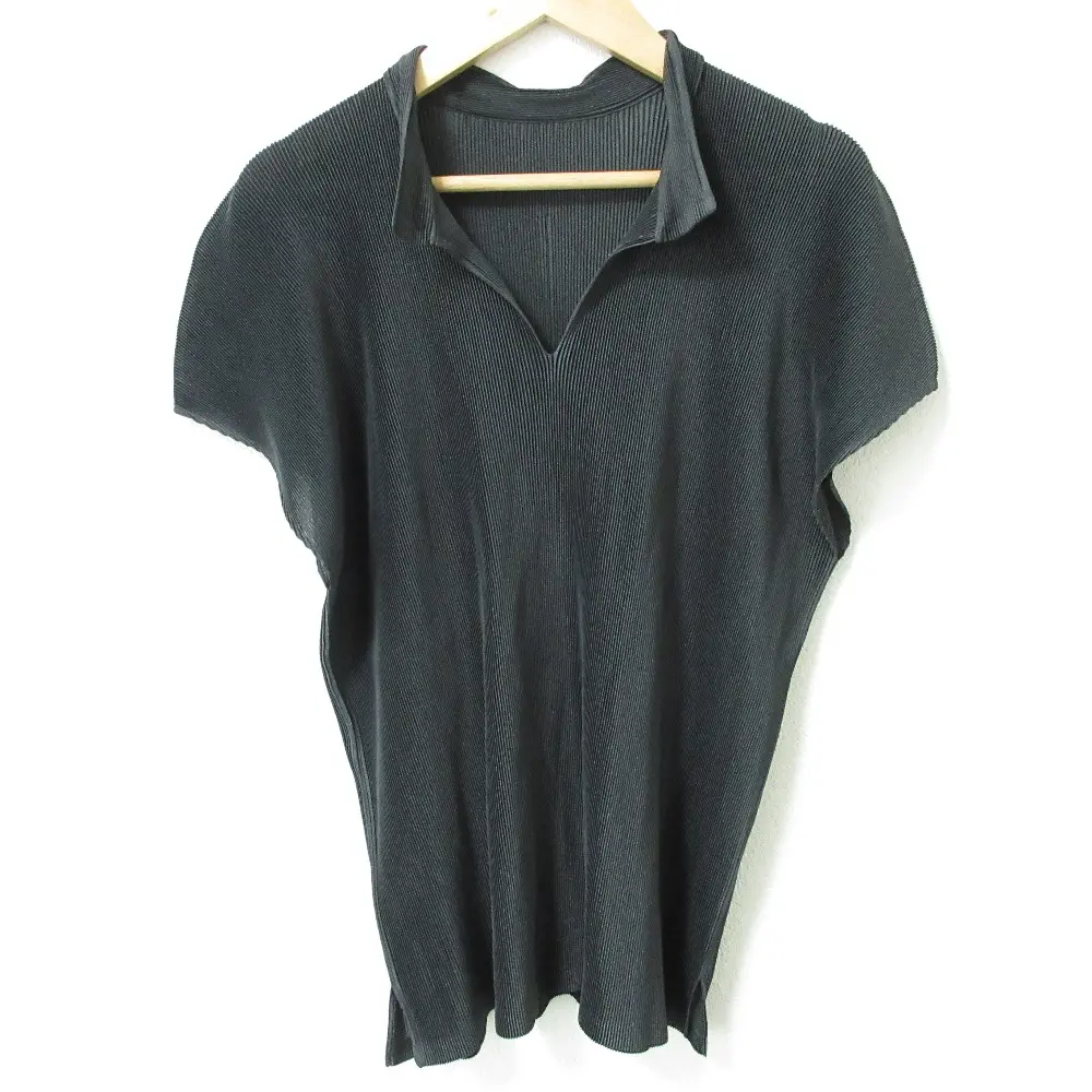 プリーツプリーズ イッセイミヤケ フレンチスリーブ キーネックブラウス シャツ プルオーバー 03 ダークグレー