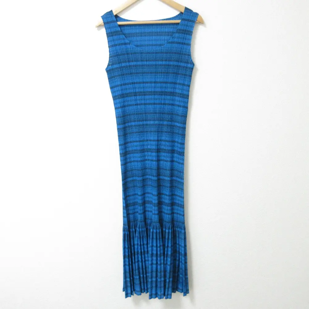 PLEATS PLEASE プリーツプリーズ イッセイミヤケ ボーダー ノースリーブ ロングフレアワンピース PP81-JH576 サイズ2 ブルー