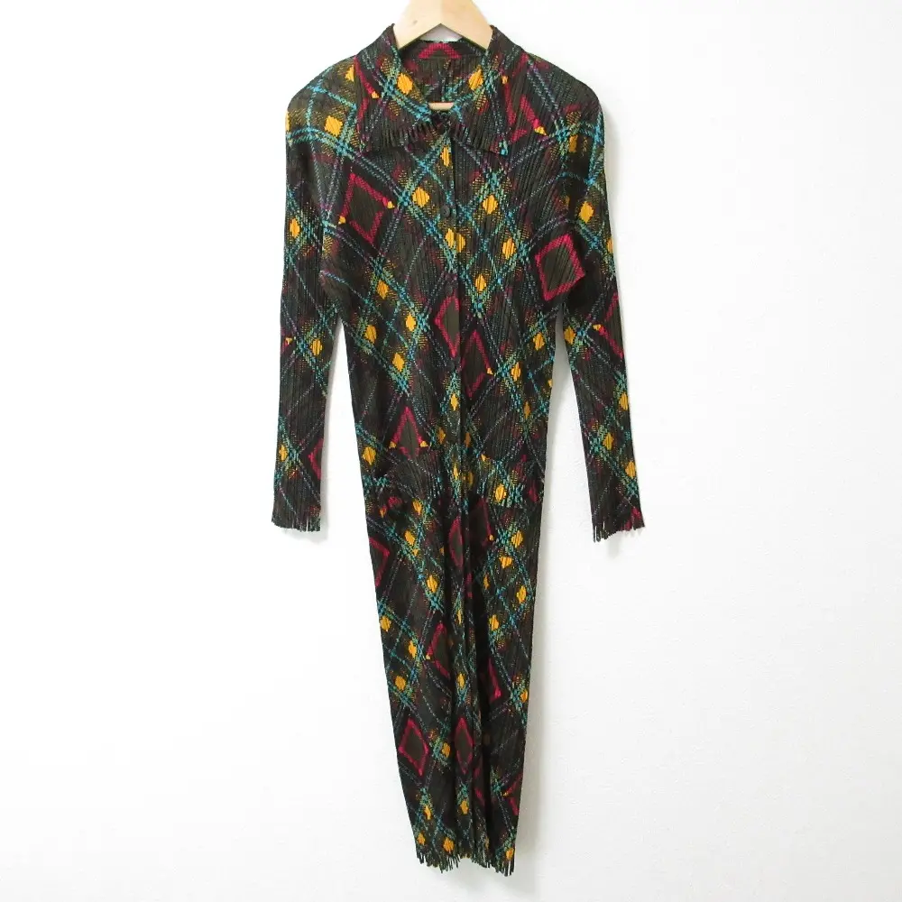 PLEATS PLEASE プリーツプリーズ イッセイミヤケ チェック柄 フリンジ 長袖 ロング シャツワンピース PP73-JA666 2 マルチカラー