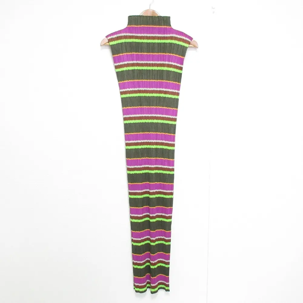 PLEATS PLEASE プリーツプリーズ イッセイミヤケ ボーダー ボトルネック ノースリーブワンピース PP14-JH826 サイズ3 グリーン系