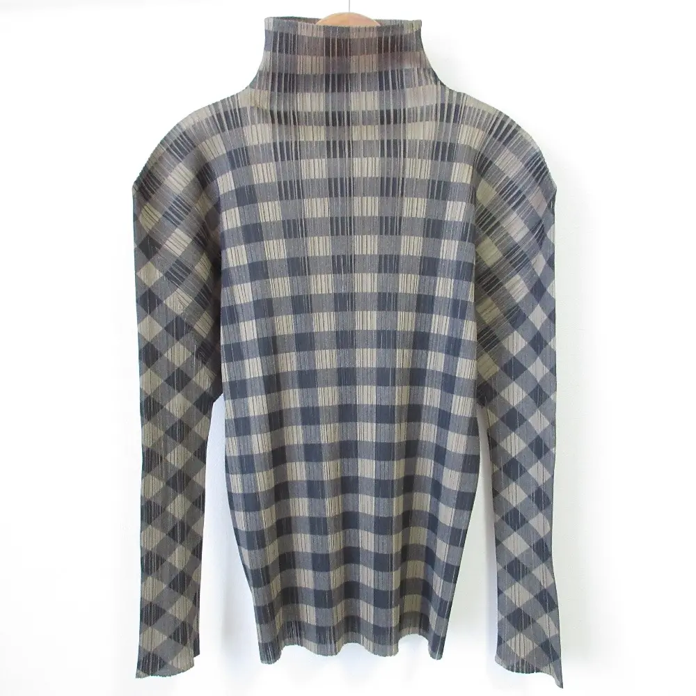 PLEATS PLEASE プリーツプリーズ イッセイミヤケ ブロックチェック柄 長袖 ボトルネック カットソー PP54-JK604 3 ベージュ