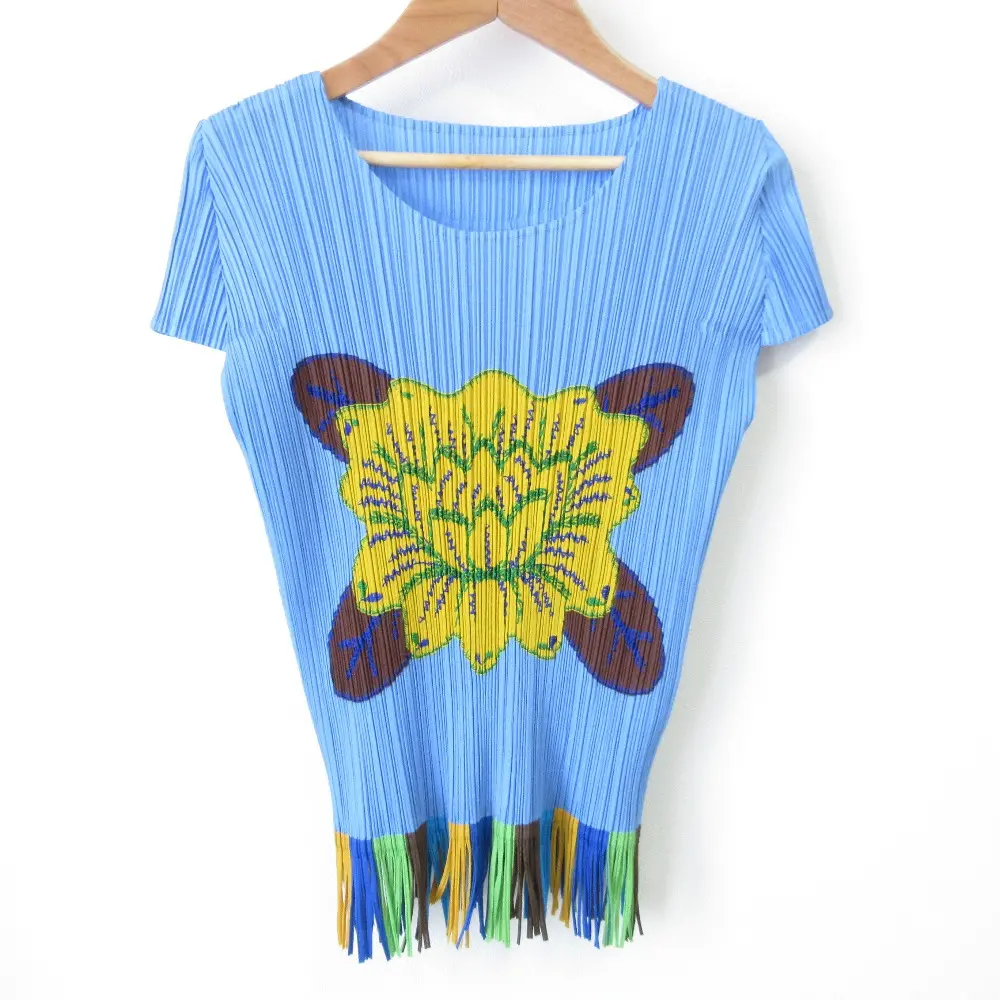 PLEATS PLEASE プリーツプリーズ イッセイミヤケ フラワープリント フリンジ 半袖 カットソー PP91-JK572 サイズ3 ライトブルー