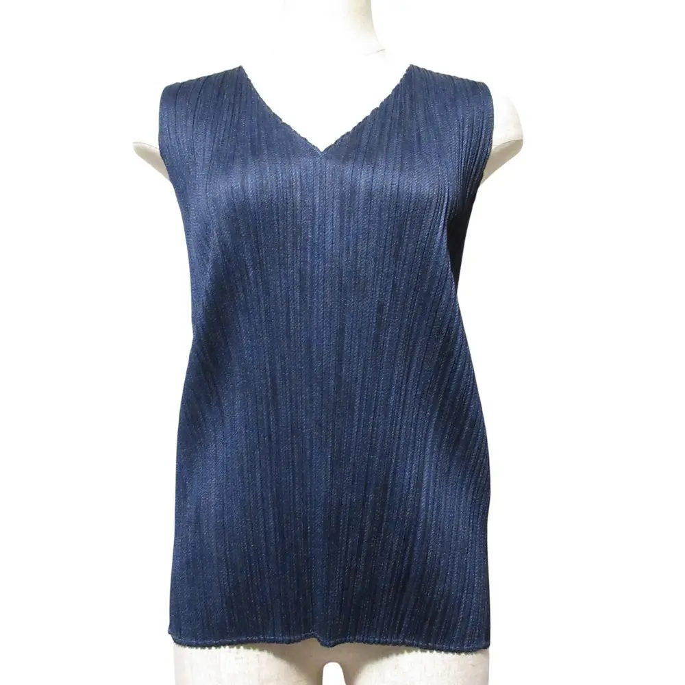PLEATS PLEASE プリーツプリーズ イッセイミヤケ デニム転写 Vネック ノースリーブカットソー PP94-JK680 サイズ3 ネイビー