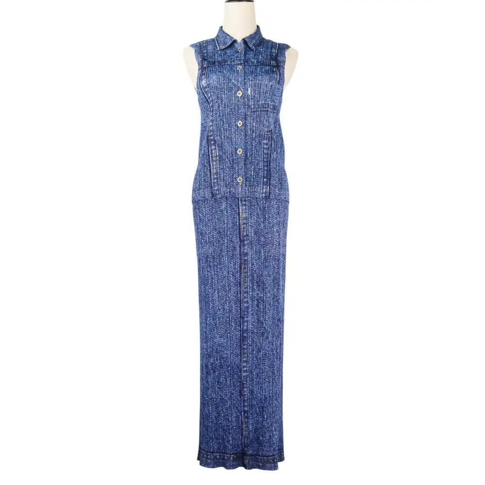 PLEATS PLEASE プリーツプリーズ イッセイミヤケ デニム転写 ノースリーブシャツ スカート セットアップ サイズ4 ネイビー